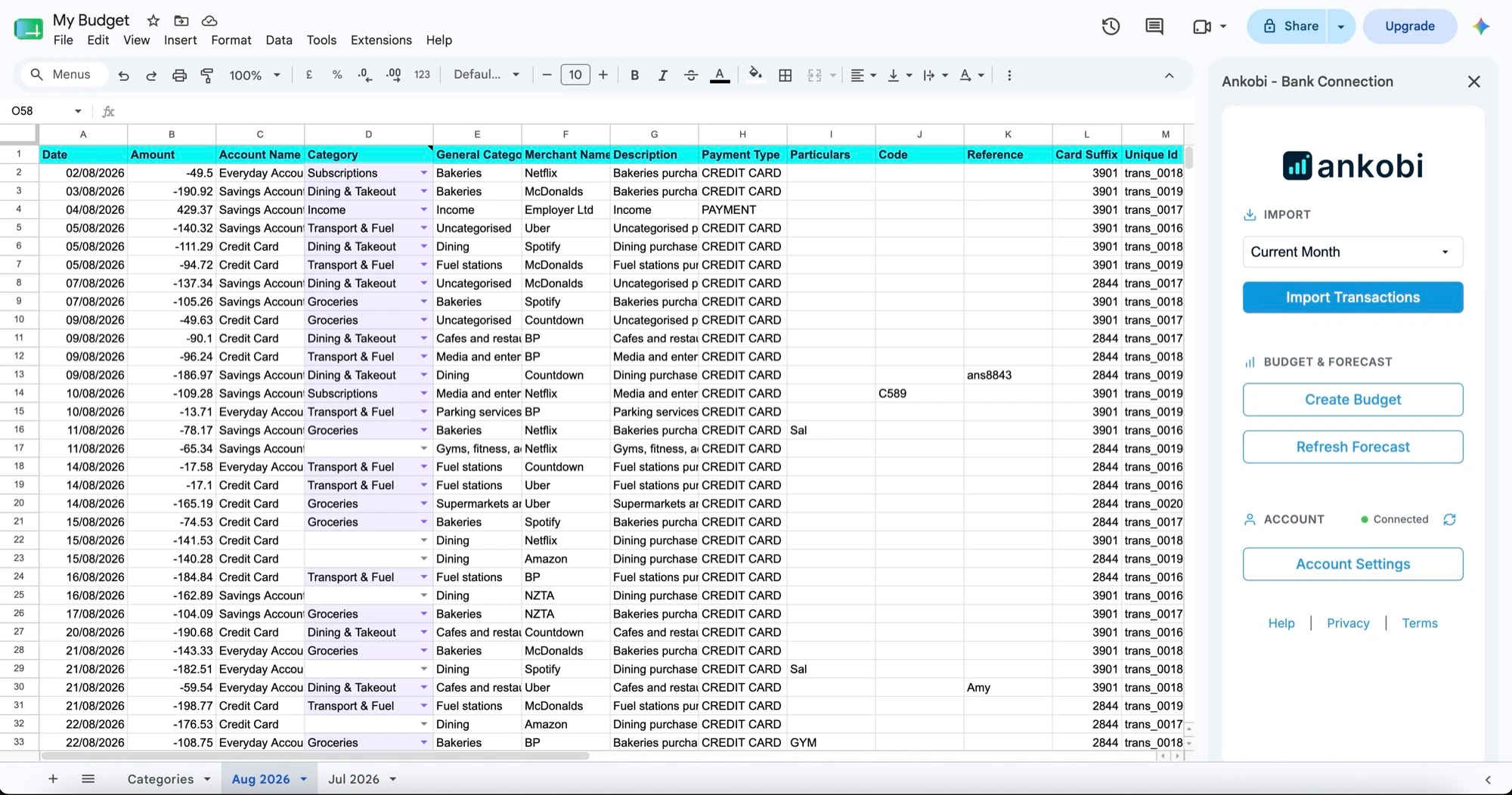 Ankobi dashboard and connected transaction feed